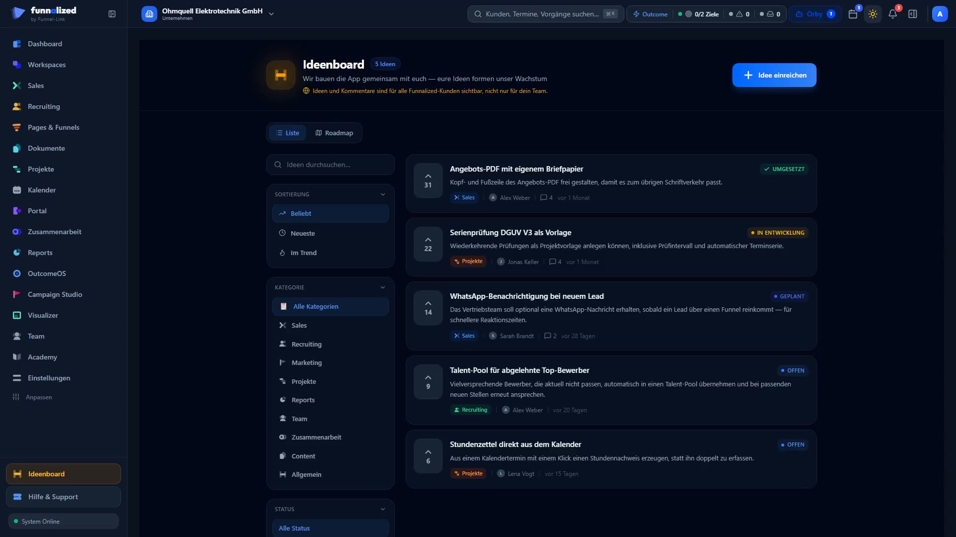Das Ideenboard mit zwei eingereichten Feature-Wünschen als Karten — je Karte Titel, Beschreibung, Stimmenzähler, Status „Offen", Kategorie-Badge und Autor — sowie Umschaltern für Liste und Roadmap, Sortierung nach Beliebt, Neueste oder Im Trend und einer Kategorie-Filterleiste.